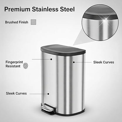 Garvee Stainless Steel Trash Can, 50 L/13 gal Hands Free Garbage Can with Soft Close Lid and Foot Pedal, Metal Kitchen Waste Bin with Inner Bucket for Living Room, Office, D Shape, Silver