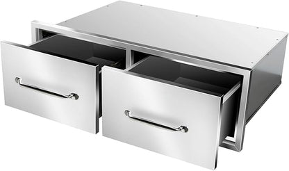 Outdoor Kitchen Drawers 30" W x 10" H x 20" D Flush Mount Horizontal Double Drawers with Chrome Handle,Stainless Steel Built-in BBQ Drawer for Outdoor Kitchen Island, Patio Grill Station