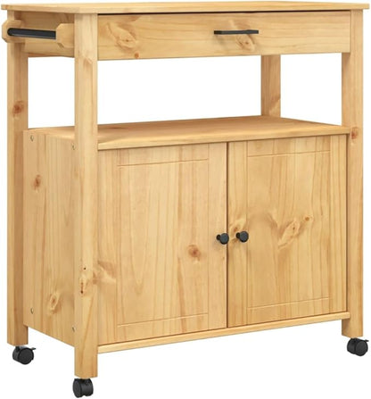 Kitchen Trolley Monza Rolling Kitchen Island Cart with Storage, Portable Dining Room Serving Utility Carts, Brown 33.1" x 15.7" x 35.4" Solid Wood Pine KH79A