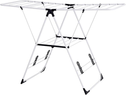 GOFLAME Steel Clothes Drying Rack with Adjustable Wings, Foldable Gullwing Collapsible Laundry Drying Rack with Shoe Holder and Shelves, Space Saving Drying Rack for Underwear, Socks, Pants