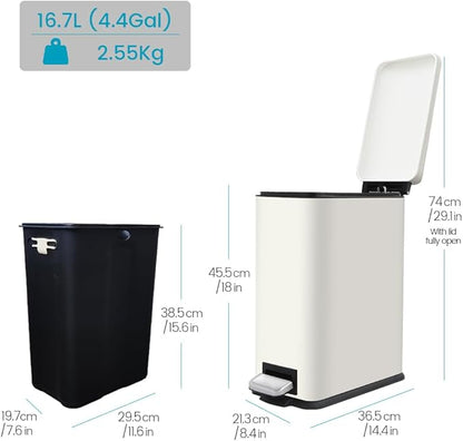 Bathroom Trash Can with Lid, 16.7L/ 4.4 Gallon Trash Can with Removable Inner Bucket, Soft Close lid, Stainless Steel Step Pedal Garbage Can for Bathroom, Kitchen, Home Office, White