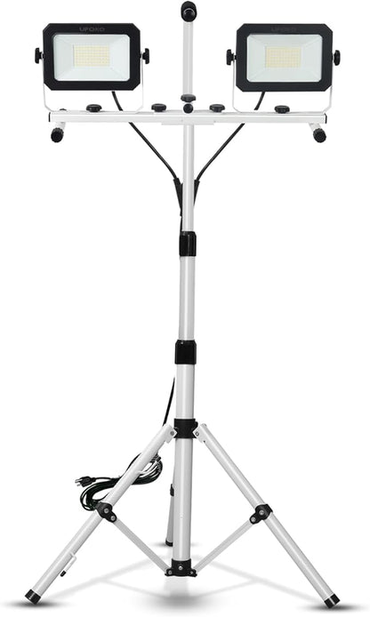 UFOND 10000 Lumen LED Work Light with Stand,Detachable Waterproof Dual Head Work Lights,Individual Switch Floodlight with TelescopingTripod,Work Lamp with Power Cord for Construction Site