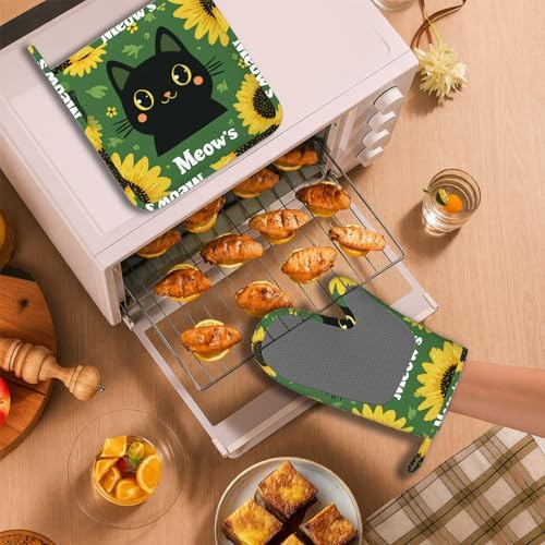 Black Cat Oven Mitts and Pot Holders Sets Cartoon Sunflower Silicone Heat - Image 6