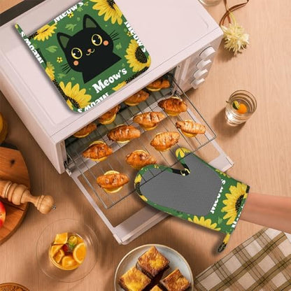 Black Cat Oven Mitts and Pot Holders Sets Cartoon Sunflower Silicone Heat - Image 6