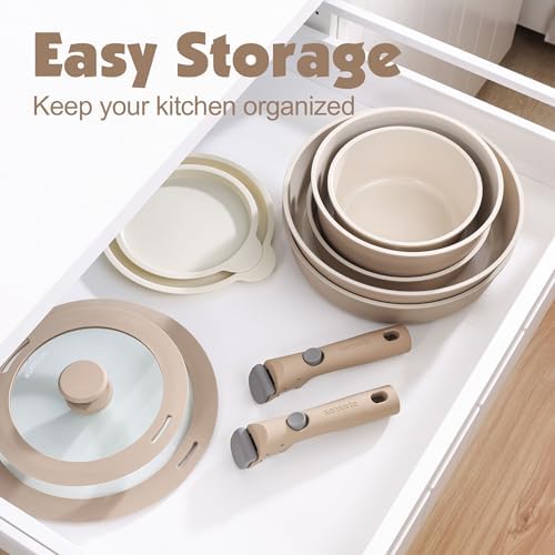 SENSARTE 24 Piece Ceramic Detachable Handle Pots and Pans Set Almond Beige - Image 3
