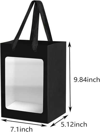 40 Pcs Black Paper Gift Bags with Transparent Window, 9.84"x7.0"x5.12" Kraft Shopping Bags with Handles for Bouquet Christmas Birthdays Festivals Party Weddings Wrapping