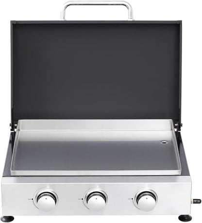 26,550 BTU Propane Gas Grill with Thermometer, 100-800°F Temp Control, Foldable Side Table, 2 Wheels for Mobility, 430 Stainless Steel Fire Box & Warming Rack, Include Hanging Basket & Tool Hooks