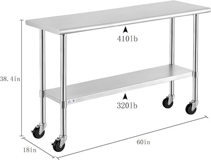 ROCKPOINT Stainless Steel Table for Prep & Work with Caster Wheels 18x60 Inches, NSF Metal Commercial Kitchen Heavy Duty Table with Adjustable Under Shelf and Table Foot for Restaurant, Home and Hotel