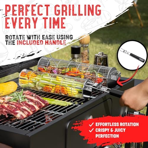 SHIZZO Extra Sturdy Rolling Grill Basket, Removable Handle - Image 3