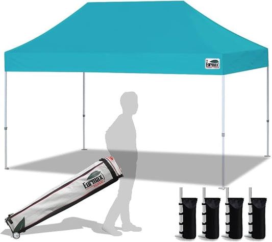 Eurmax USA 10'x15' Pop Up Canopy Tent Commercial Instant Canopies with Heavy Duty Roller Bag,Bonus 4 Sand Weights Bags (Turquoise)