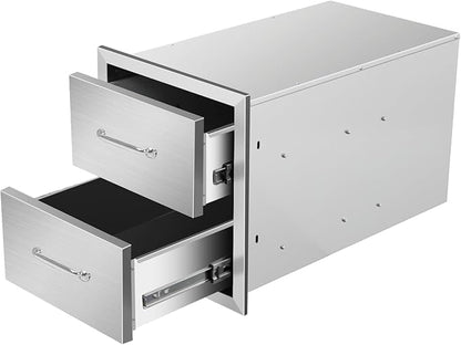 Outdoor Kitchen Drawers 14" W x 15" H x 23" D Flush Mount Double BBQ Drawers with Chrome Handle Stainless Steel Drawer for Outdoor Kitchen Island, Patio Grill Station