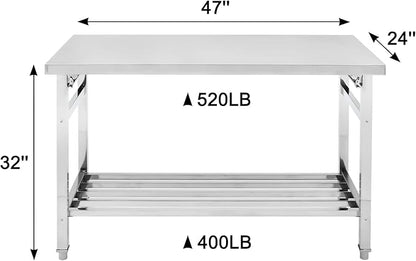 48''x24'' Stainless Steel Folding Preparation Table with Adjustable Undershelf, NSF Commercial Heavy-Duty Workbench, for Kitchen, Hotel, Home, Outdoor Cooking Table