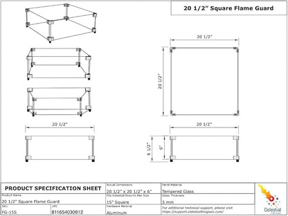 Celestial 20.5" x 20.5" x 6" Wind Guard, fits 15” Square Fire Pit Burner Pans for Gas Fire Pits