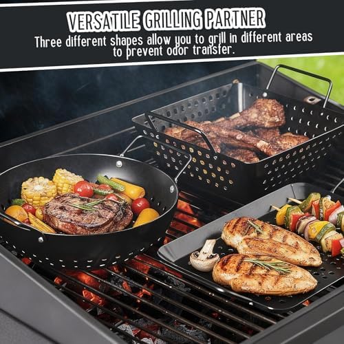 3 Pack Grill Topper Pans for Outdoor Grill, Stainless Steel Vegetables BBQ - Image 2
