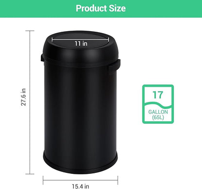 Commercial Grade Stainless Steel Kitchen Trash Can, 65L (17 Gallon) Heavy Duty Round Garbage and Recycling Bin with Fingerprint-Proof Swing Lid, Durable Indoor and Outdoor Use