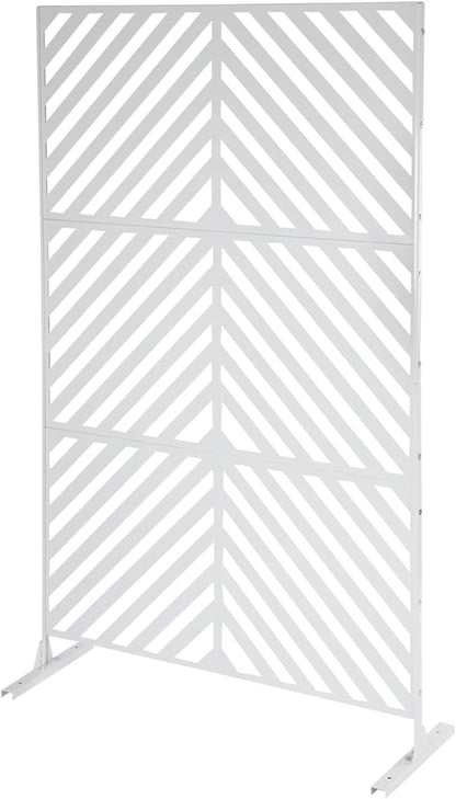 75" H×35" W Decorative Outdoor Privacy Screen with Stand, Outdoor Decor Privacy Fence Screen Metal Fence Panels, Free Standing Metal Divider for Patio Lawn Deck (White-Twill)
