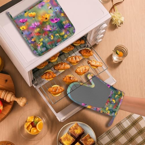 Retro Colorful Flowers Oven Mitts and Pot Holders Sets Boho Floral Non-Slip - Image 6