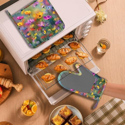Retro Colorful Flowers Oven Mitts and Pot Holders Sets Boho Floral Non-Slip - Image 6