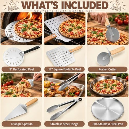 6-Piece Pizza Oven Accessories Kit: 9" Perforated Peel w/Long Handle, Tongs & - Image 2