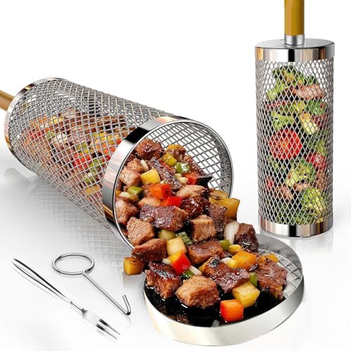 Rolling Grill Basket 2-Pack, 304 Stainless Steel Grilling Basket, Removable by Florisun