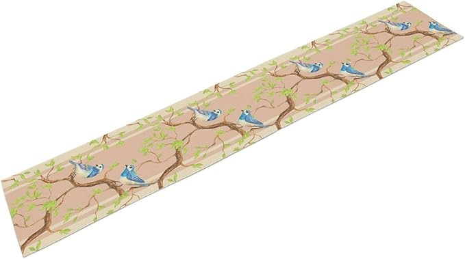 Watercolor Birds Table Runner,Spring Blue Bird Green Tree Table Runner for Kitchen Dining Table Holiday Farmhouse Home Party Decor 13x70in