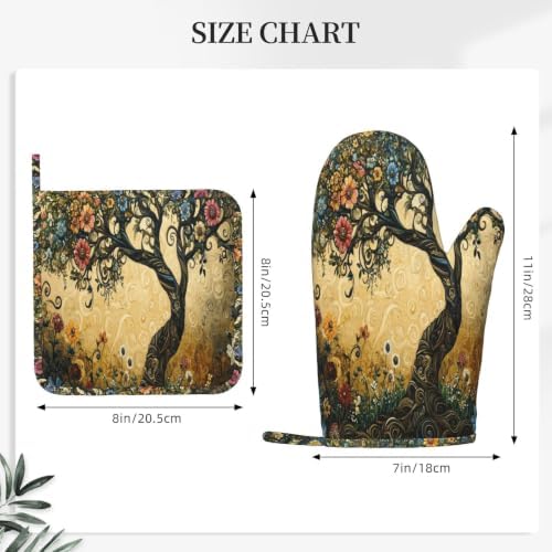 Oven Mitts Pot Holders Set Whimsical Flower Tree Silicone Kitchen Gloves - Image 3