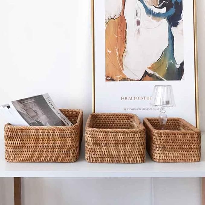 Natural Rattan Storage Baskets, Rectangular Woven Fruit Baskets, Decorative Wicker Basket and Small Baskets for Organizing (Set of 3)