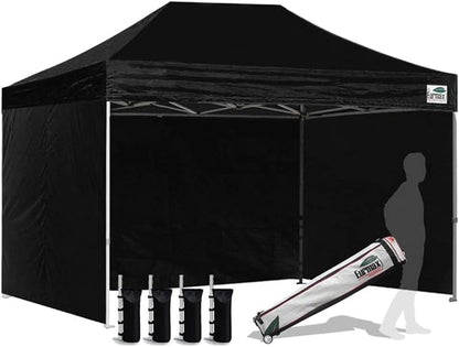 Eurmax USA 8'x12' Pop-up Canopy Tent Commercial Instant Canopies with 4 Removable Zipper End Side Walls and Roller Bag, Bonus 4 SandBags(Black)