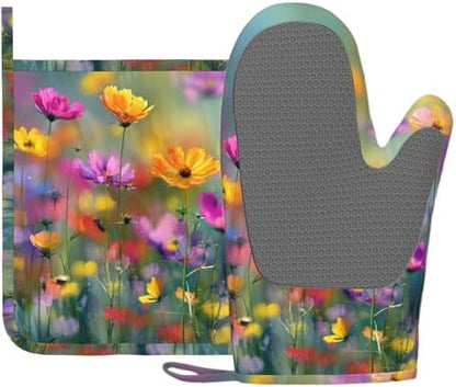 Retro Colorful Flowers Oven Mitts and Pot Holders Sets Boho Floral Non-Slip by Unknown