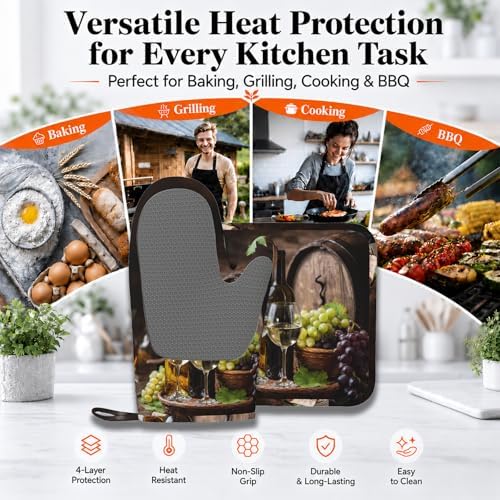 Wine and Barrels Oven Mitts and Pot Holders Sets Non-Slip Silicone Surface - Image 3