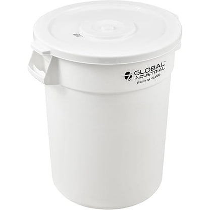 Global Industrial Commercial Round Trash Can, 32 Gallon Capacity, Plastic Garbage Can, Indoor and Outdoor Utility Trash Can, White, 21-3/4"W x 27-1/2"H, No Lid
