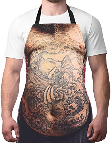 Funny Men Cooking Grilling Aprons Tattoo Belly BBQ Funny Gag Gifts by A+AIFAMY