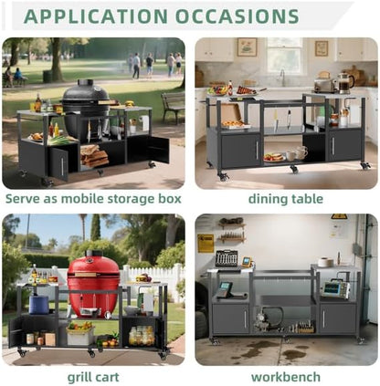 Heavy-Duty Outdoor Grill Cart with Stainless Steel Top, Rolling BBQ Prep Station Table for Large Ceramic Grills & Smokers, 67-Inch Metal Grill Stand with 2 Storage Cabinets, 6 Wheels, Black