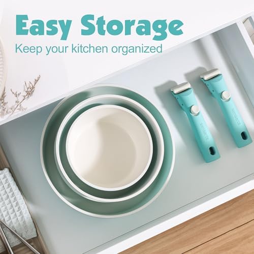 SENSARTE 24 Piece Ceramic Detachable Handle Pots and Pans Set Turquoise - Image 3