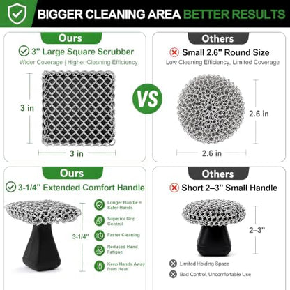 TOPULORS Long Handled Chainmail Cast Iron Scrubber & 2 Scrapers, Dark Black - Image 6
