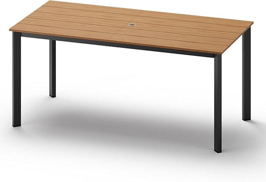 Outdoor Patio Dining Table, Aluminum & HDPS Outdoor Table with Umbrella Hole, All-Weather for Deck, Garden, Lawn, Backyard, Poolside and Indoor Use (Gray & Teak)