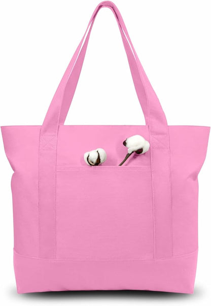 TOPDesign 6-Pack Canvas Tote Bags with an External Pocket, Reusable Grocery Shopping Bags, Top Zipper Closure, Daily Essentials (Pink)