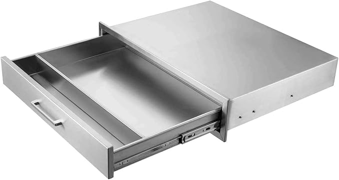Outdoor Kitchen Drawers,Stainless Steel BBQ Single Drawer with Chrome Handle,30" W x 6.5" H x 23" D Enclosed Built-in Access Drawer Flush Mount for Outdoor Kitchen,BBQ Island