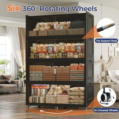 200GAL Extra Large Storage Bins with Lid, 800QT Collapsible Organizer with Wheels, Stackable Closet Cabinet with Doors, Folding Storage Containers for Home, Office, Kitchen, 4Pack Black