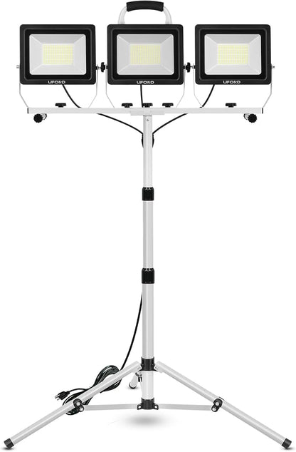 UFOND 22000 Lumen LED Work Light with Stand,3 Head Portable Work Lights with Individual Switch,Waterproof Work Lamp, Adjustable Metal Telescoping Tripod with Power Cord