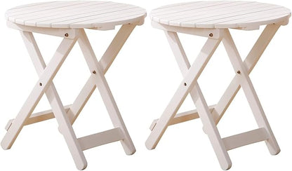 Small Round Folding Side Table Set of 2, Patio Foldable Wooden Outdoor End Tables for Indoor Porch Camping Living Room Bedside Couch, as Coffee Table or Plant Stand, White
