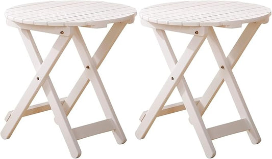 Small Round Folding Side Table Set of 2, Patio Foldable Wooden Outdoor End Tables for Indoor Porch Camping Living Room Bedside Couch, as Coffee Table or Plant Stand, White
