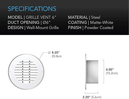 AC Infinity Wall-Mount Duct Grille Vent for 6-Inch Ducting, White Metal, Heating Cooling Ventilation and Exhaust