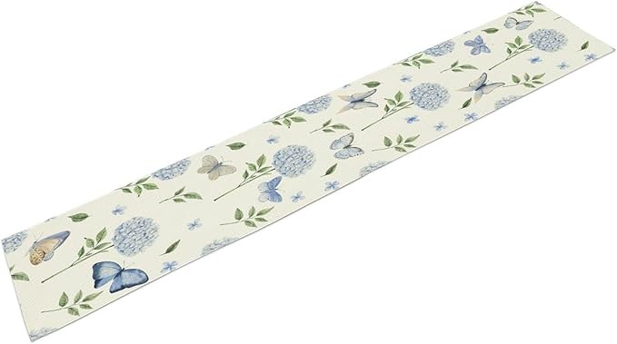 Hydrangea Butterfly Table Runner, Seasonal Spring Summer Table Runner for Holiday Kitchen Dining Home Party Outdoor 13x60in