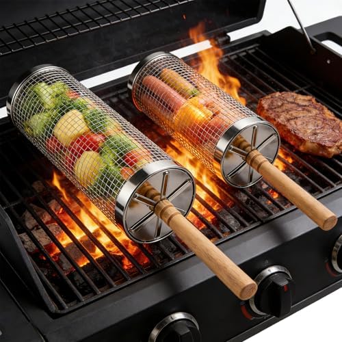Rolling Grill Basket 2-Pack, Upgraded Rotating BBQ Basket by Euvinev