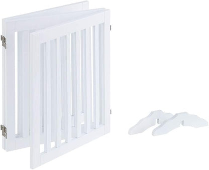 unipaws 24”H Free Standing Pet Gate for Dog Cat, Wooden Gates for Doorway, Stairs, Step Over Foldable Pet Fence for The House, Expandable Dog Barrier, Indoor Use, White