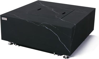 Elementi+ | Bianco Gas Fire Pit | Marble Porcelain & Metal Frame | 40" Square Fire Table | Electronic Ignition | Canvas Cover, Fire Glass & Burner Lid Included | White | Propane Gas