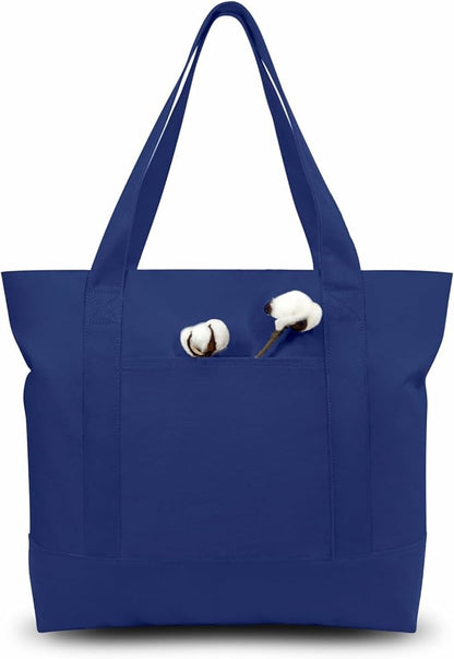 TOPDesign 3-Pack Canvas Tote Bags with an External Pocket, Reusable Grocery Shopping Bags, Top Zipper Closure, Daily Essentials (Blue)