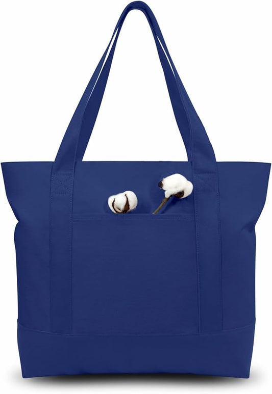 TOPDesign 1-Pack Canvas Tote Bag with an External Pocket, Reusable Grocery Shopping Bag, Top Zipper Closure, Daily Essentials (Blue)