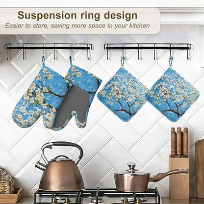 Almond Blossom Oven Mitts and Pot Holders Set of 4, Heat Resistant Non Slip - Image 5